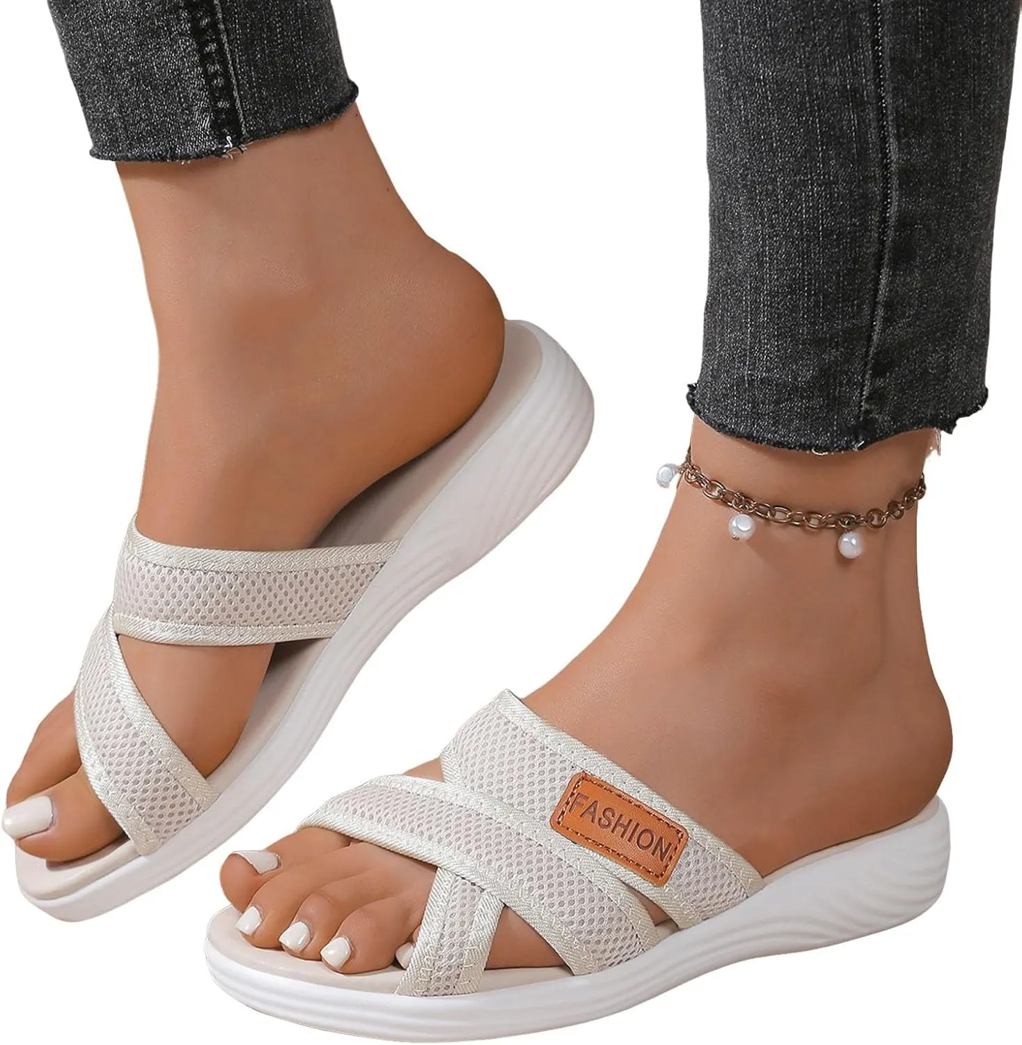 Summer Sandals For Women 2025,Women's Slide Sandals,Comfortable Trendy Beach Breathable Hollow Mesh Casual Orthopedic Comfy Low Heel Plantar Fasciitis Bunion Walking Sandal for Daily Wear