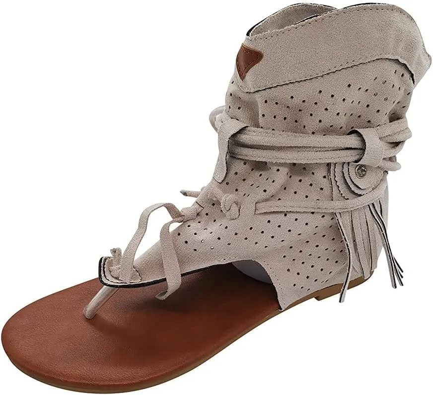 Tassel Sandals for Women, Retro Bohemian Gladiator Fringe Casual Shoes Flat Clip Toe Ankle Boots Beach Sandals T-Strap Roman Open-Toe Sandals