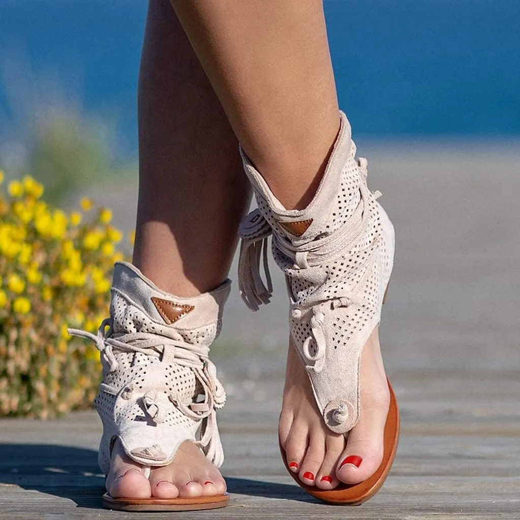 Tassel Sandals for Women, Retro Bohemian Gladiator Fringe Casual Shoes Flat Clip Toe Ankle Boots Beach Sandals T-Strap Roman Open-Toe Sandals