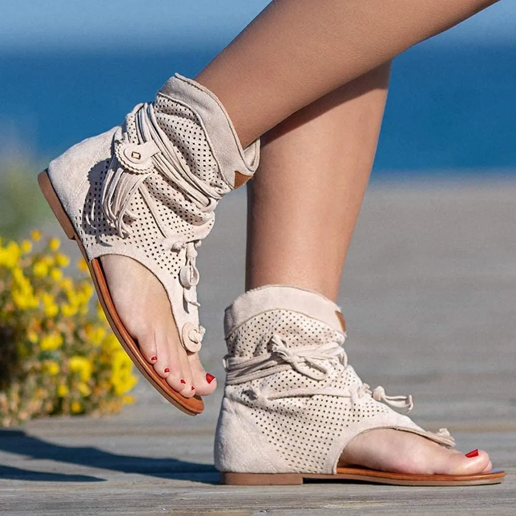 Tassel Sandals for Women, Retro Bohemian Gladiator Fringe Casual Shoes Flat Clip Toe Ankle Boots Beach Sandals T-Strap Roman Open-Toe Sandals