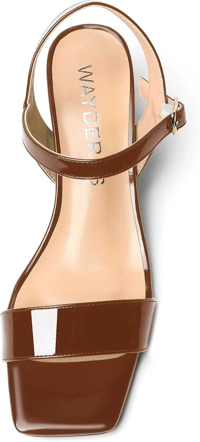 WAYDERNS Women's Slingback Ankle Strap Casual Dating Solid Adjustable Strap Block Open Toe Patent Buckle Chunky Low Heel Heeled Sandals 2 Inch