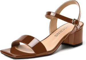 WAYDERNS Women's Slingback Ankle Strap Casual Dating Solid Adjustable Strap Block Open Toe Patent Buckle Chunky Low Heel Heeled Sandals 2 Inch