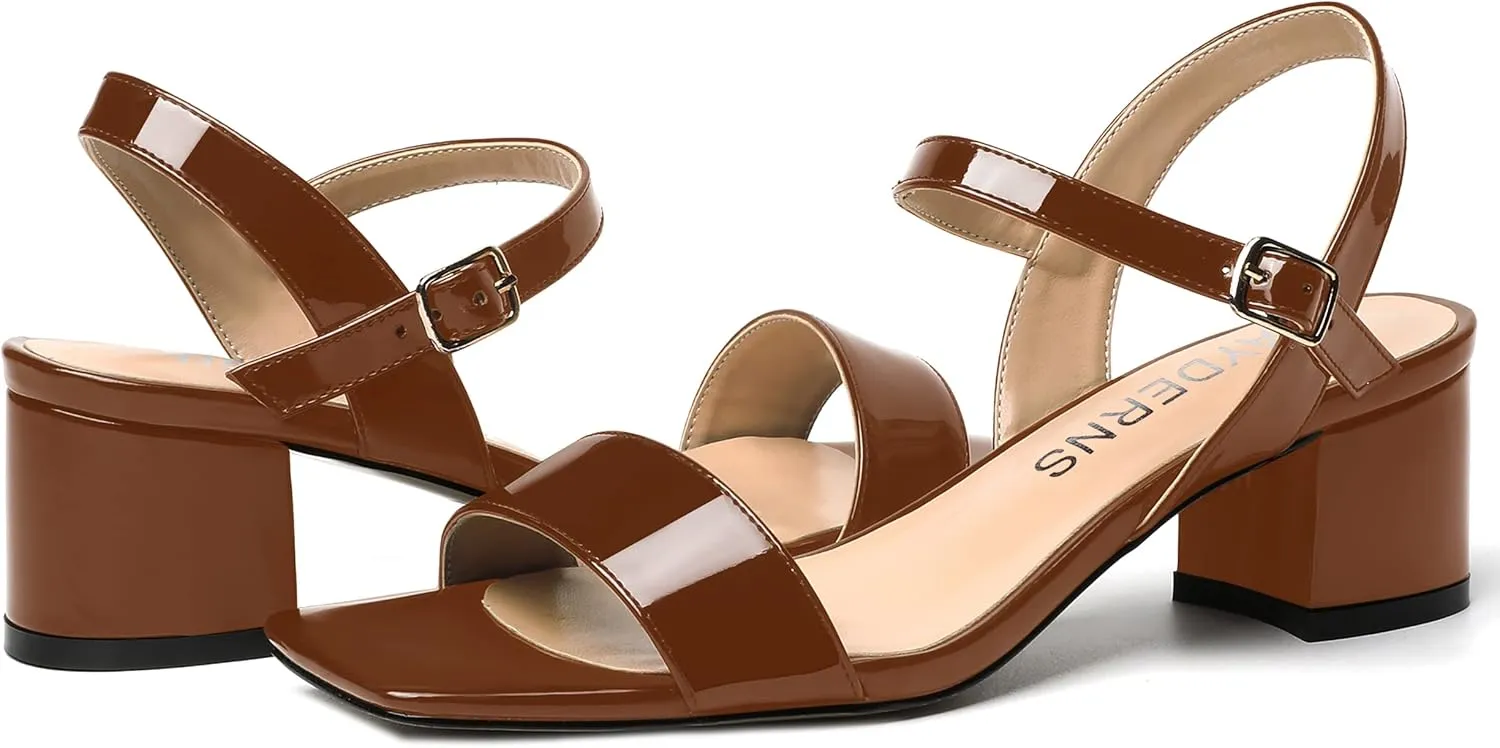 WAYDERNS Women's Slingback Ankle Strap Casual Dating Solid Adjustable Strap Block Open Toe Patent Buckle Chunky Low Heel Heeled Sandals 2 Inch