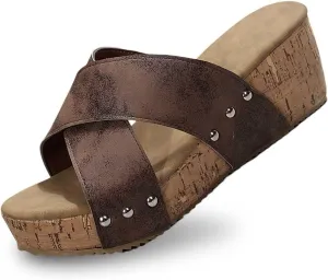 Wedge Sandals for Women Dressy Summer Leather Platform Wedge Slippers Comfortable Open Toe Cork Casual & Dressy Summer Shoes Slip On Slides