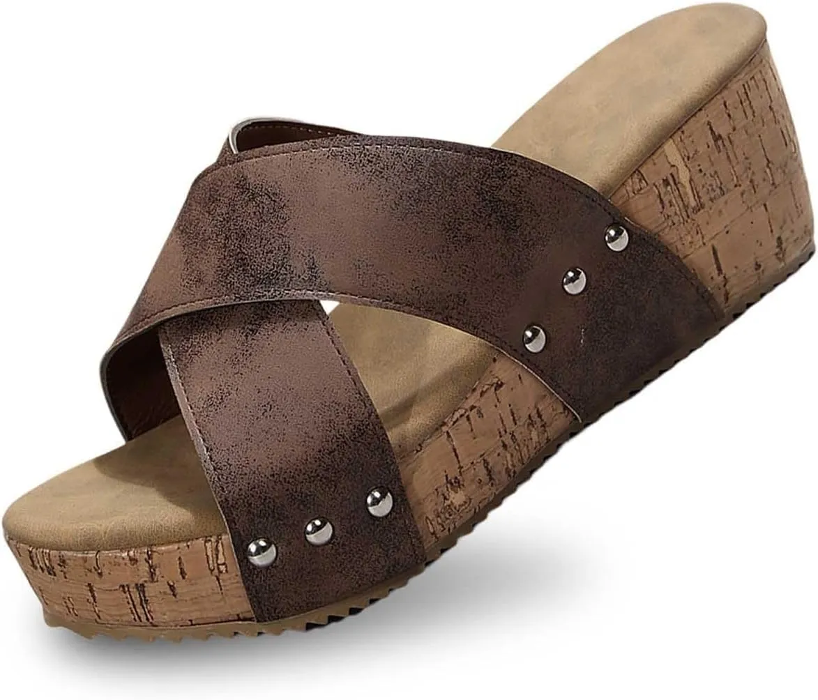 Wedge Sandals for Women Dressy Summer Leather Platform Wedge Slippers Comfortable Open Toe Cork Casual & Dressy Summer Shoes Slip On Slides
