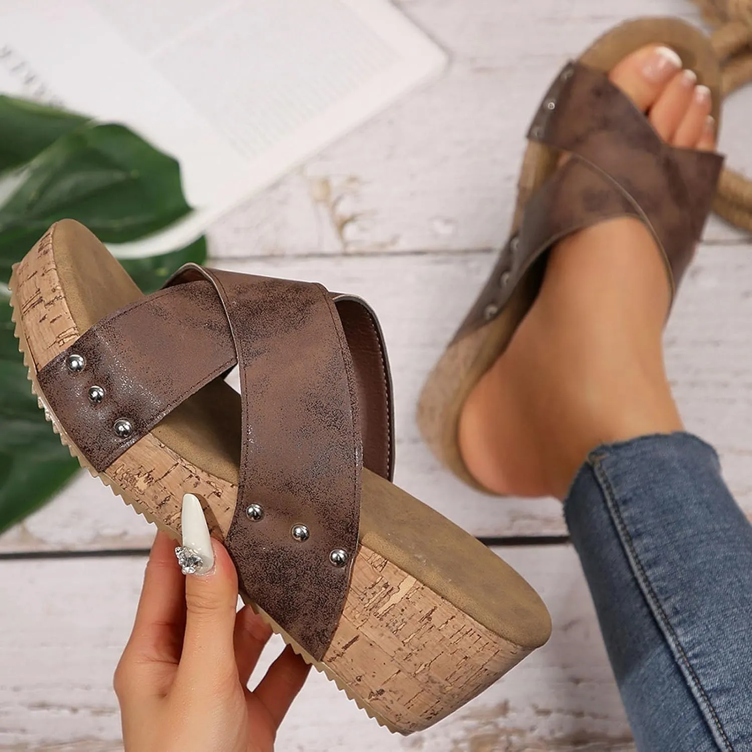 Wedge Sandals for Women Dressy Summer Leather Platform Wedge Slippers Comfortable Open Toe Cork Casual & Dressy Summer Shoes Slip On Slides