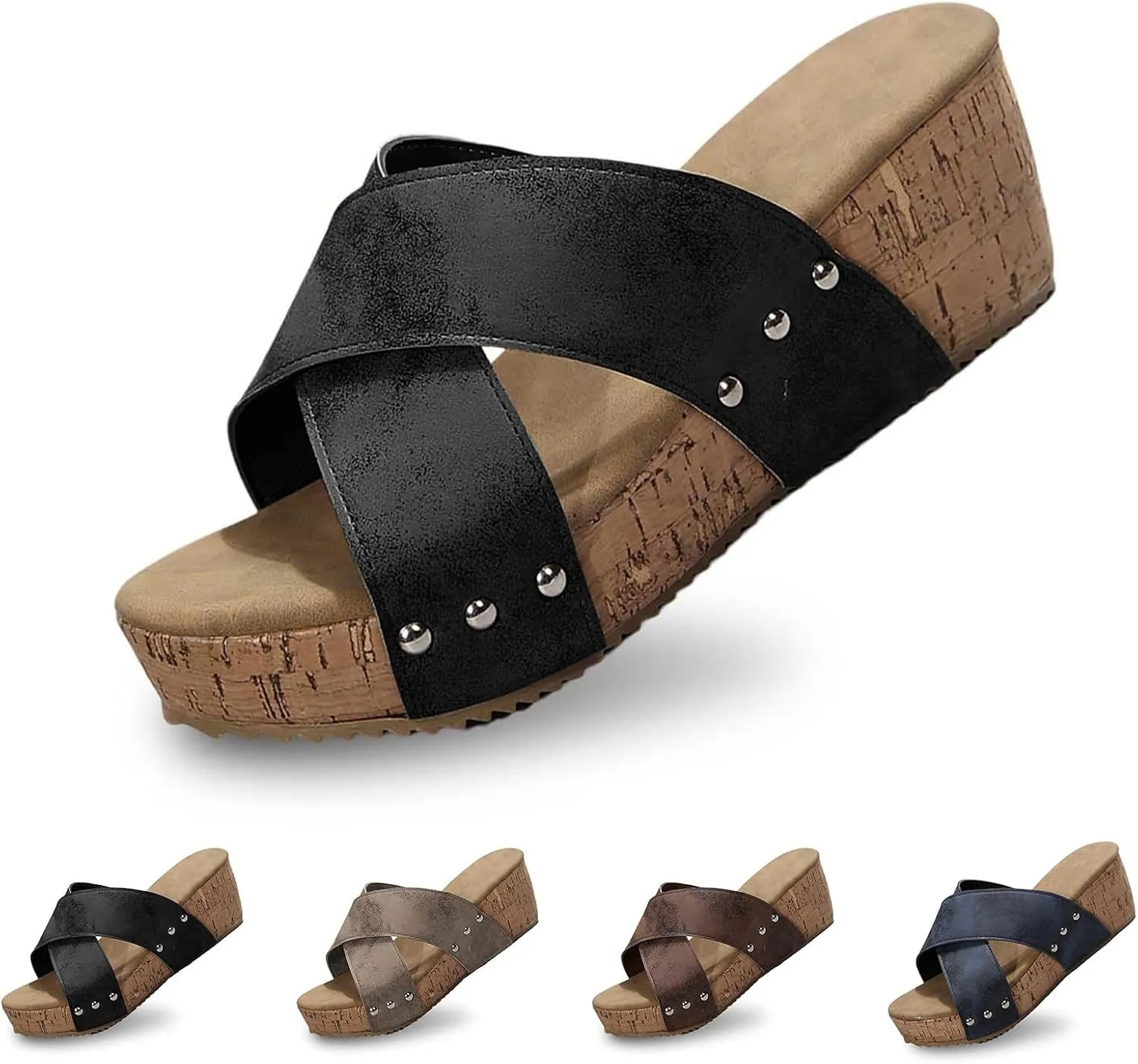 Wedge Sandals for Women Dressy Summer Leather Platform Wedge Slippers Comfortable Open Toe Cork Casual & Dressy Summer Shoes Slip On Slides