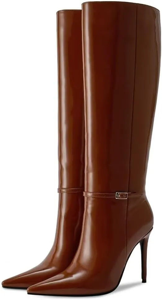 wetkiss Knee High Boots for Women with Pointed Toe, Long Faux Leather Stiletto High Heel Boots for Women, Fashion and Sexy