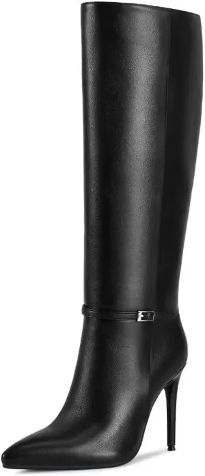 wetkiss Knee High Boots Women, Ankle Strap Long Boot Pointed Toe Tall Stiletto High Heel Boots for Women Party Gifts DressBlack-07