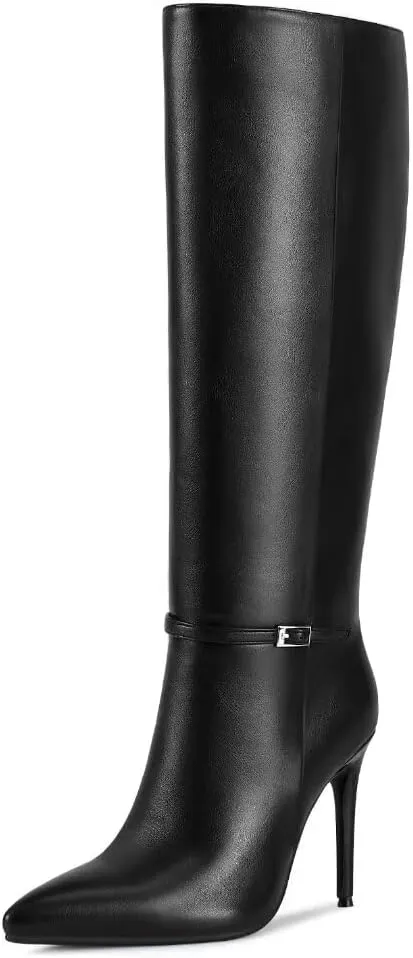 wetkiss Knee High Boots Women, Ankle Strap Long Boot Pointed Toe Tall Stiletto High Heel Boots for Women Party Gifts DressBlack-07