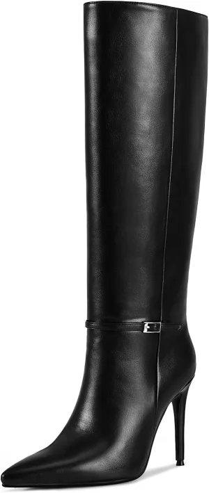 wetkiss Knee High Boots Women, Ankle Strap Long Boot Pointed Toe Tall Stiletto High Heel Boots for Women Party Gifts DressBlack-08