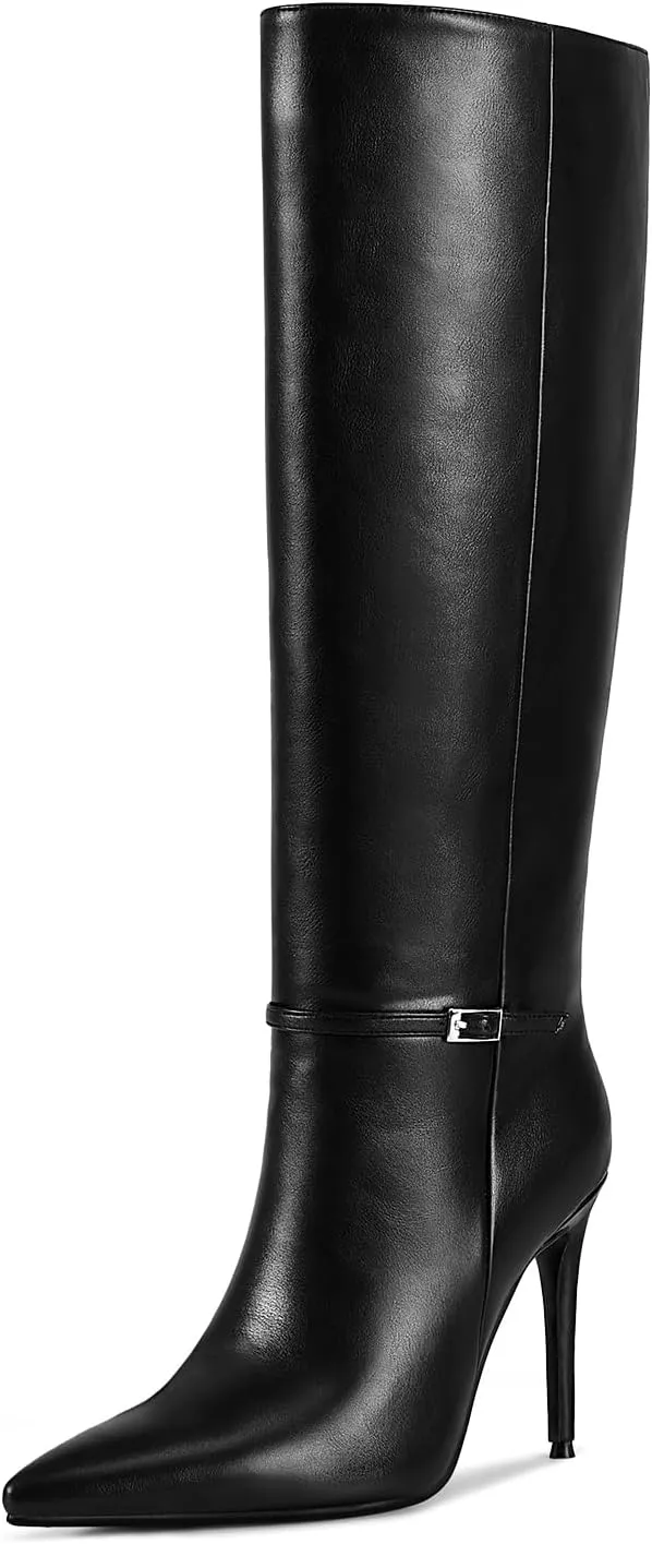 wetkiss Knee High Boots Women, Ankle Strap Long Boot Pointed Toe Tall Stiletto High Heel Boots for Women Party Gifts DressBlack-08