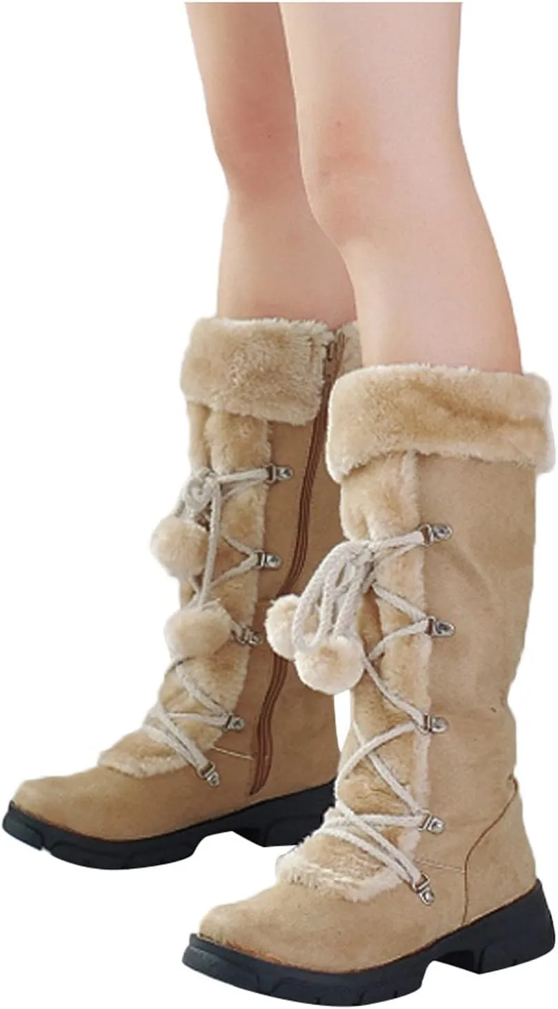 White Cowgirl Boots Hairball Mid Calf Boots Warm Snow Thigh High Boots Side Zipper Knee High Boots Bootie