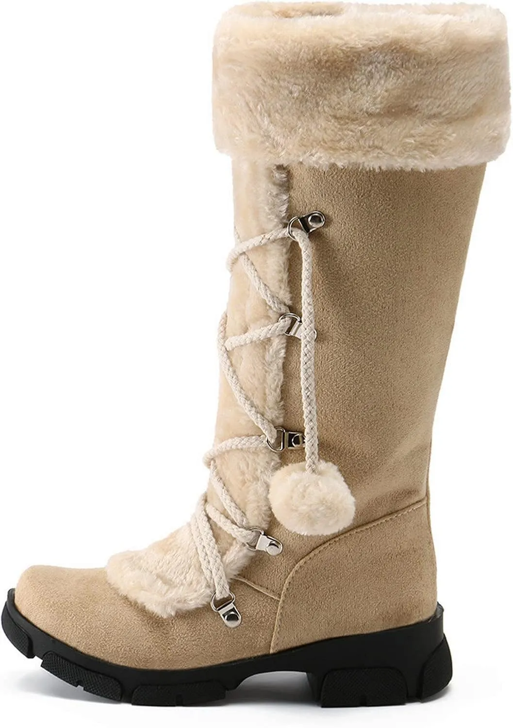 White Cowgirl Boots Hairball Mid Calf Boots Warm Snow Thigh High Boots Side Zipper Knee High Boots Bootie