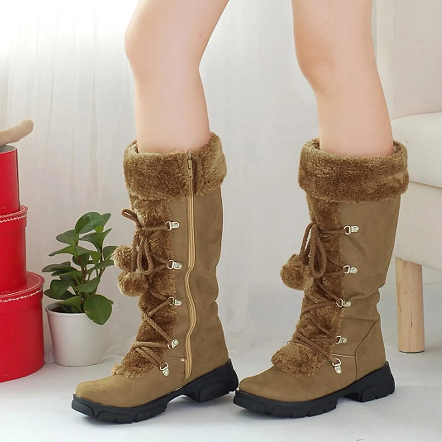 White Cowgirl Boots Hairball Mid Calf Boots Warm Snow Thigh High Boots Side Zipper Knee High Boots Bootie