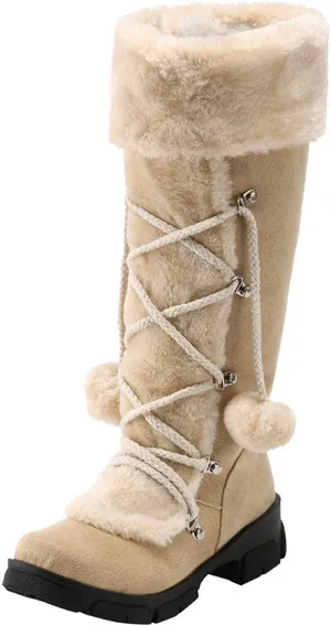 White Cowgirl Boots Hairball Mid Calf Boots Warm Snow Thigh High Boots Side Zipper Knee High Boots Bootie