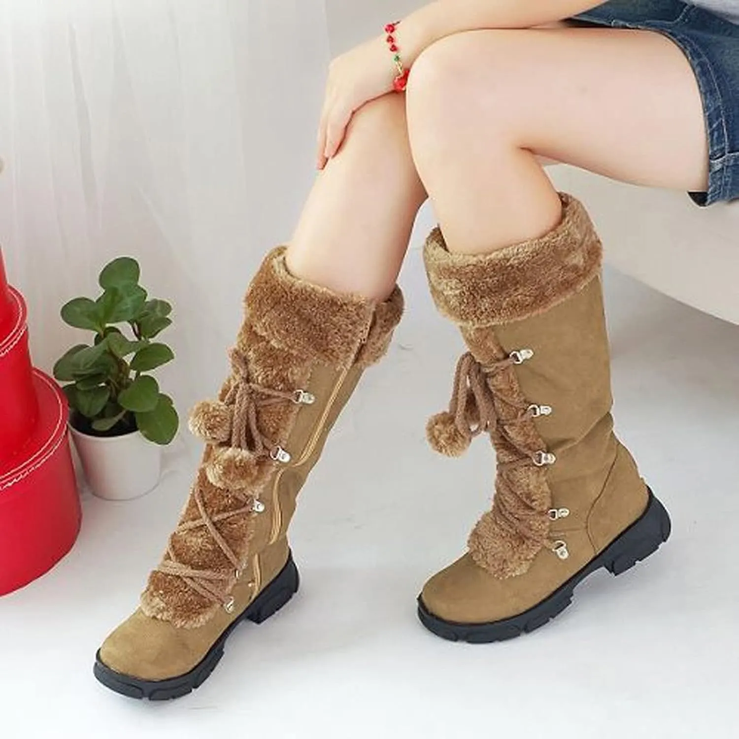 White Cowgirl Boots Hairball Mid Calf Boots Warm Snow Thigh High Boots Side Zipper Knee High Boots Bootie