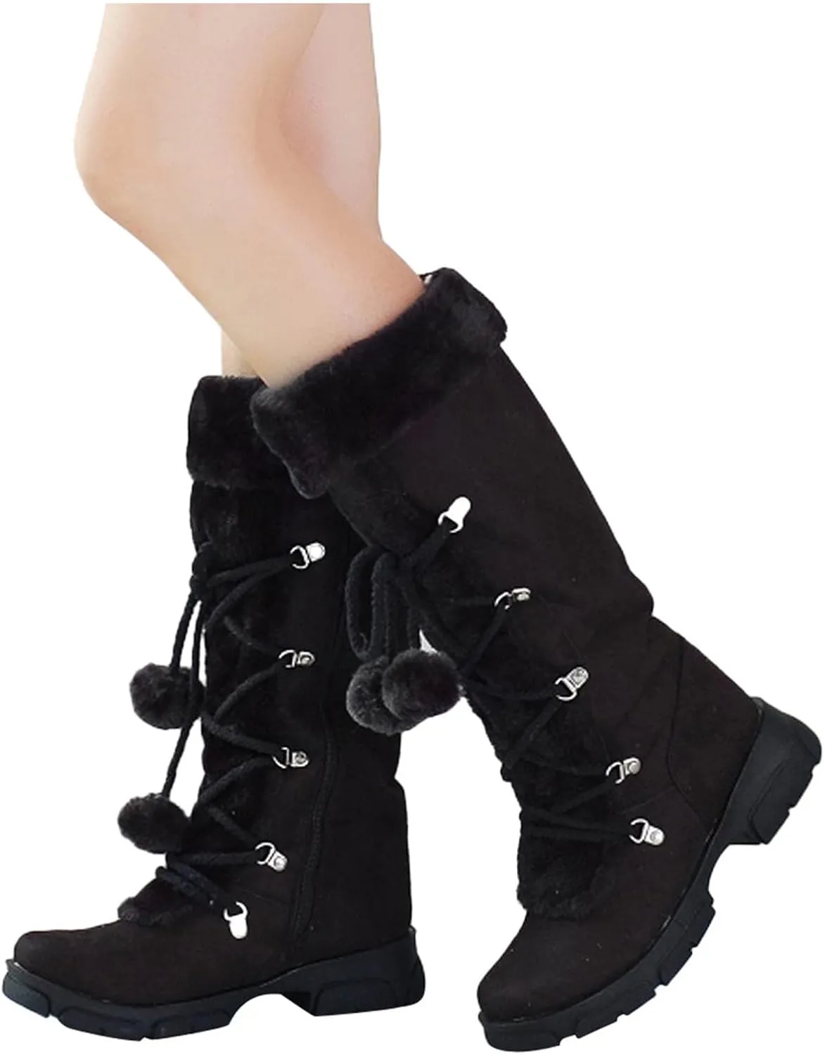 White Cowgirl Boots Hairball Mid Calf Boots Warm Snow Thigh High Boots Side Zipper Knee High Boots Bootie