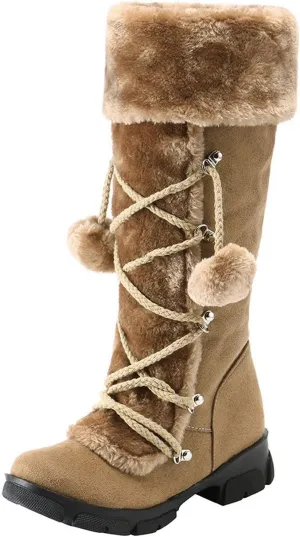 White Cowgirl Boots Hairball Mid Calf Boots Warm Snow Thigh High Boots Side Zipper Knee High Boots Bootie