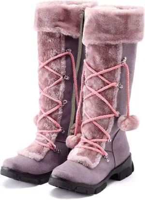 White Cowgirl Boots Hairball Mid Calf Boots Warm Snow Thigh High Boots Side Zipper Knee High Boots Bootie
