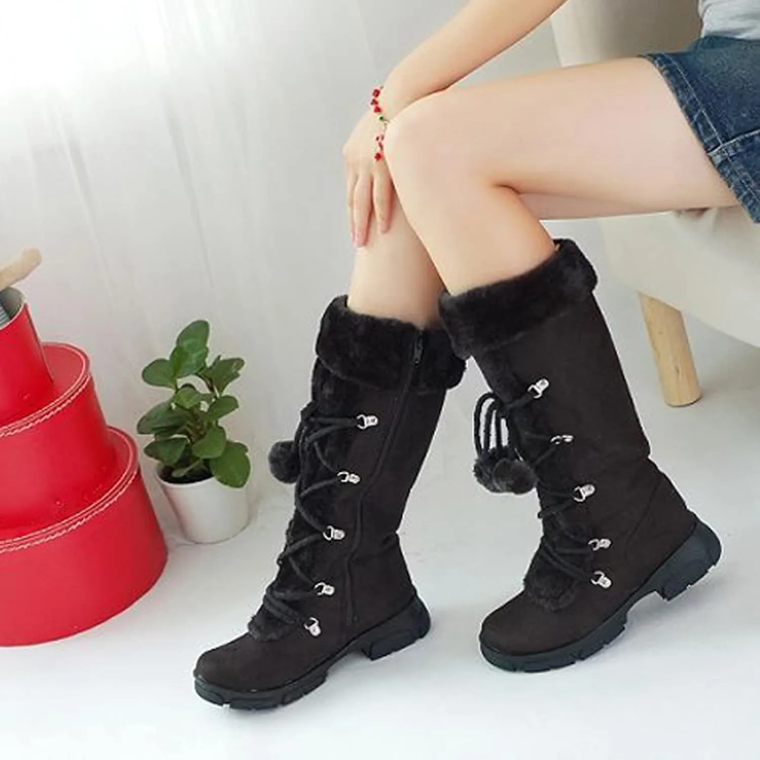 White Cowgirl Boots Hairball Mid Calf Boots Warm Snow Thigh High Boots Side Zipper Knee High Boots Bootie