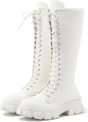 Winter Boots For Women Gothic Halloween Lug Sole Mid Calf Boots Cross Strappy Leather Platform Combat Boots