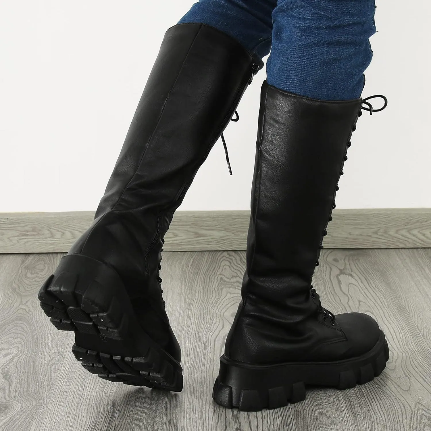 Winter Boots For Women Gothic Halloween Lug Sole Mid Calf Boots Cross Strappy Leather Platform Combat Boots