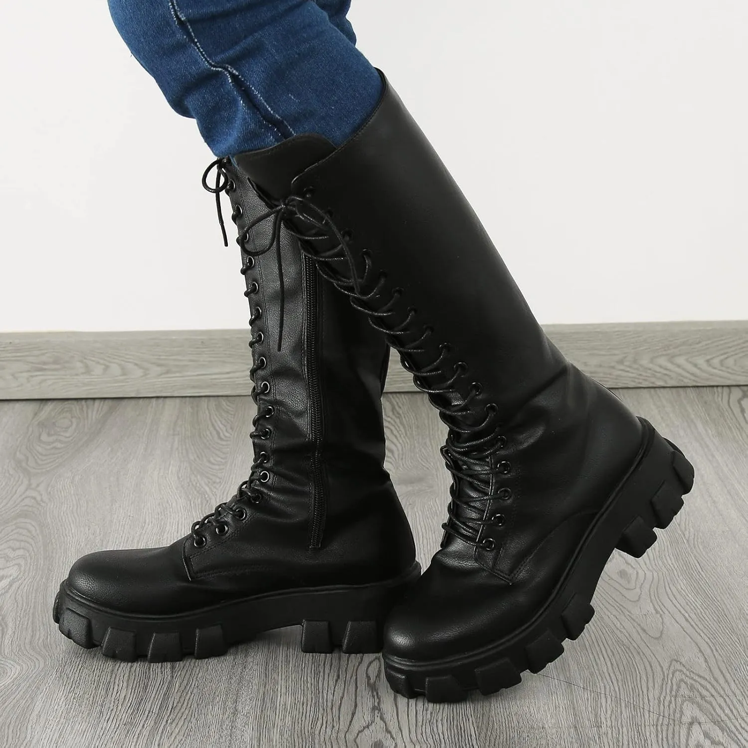 Winter Boots For Women Gothic Halloween Lug Sole Mid Calf Boots Cross Strappy Leather Platform Combat Boots