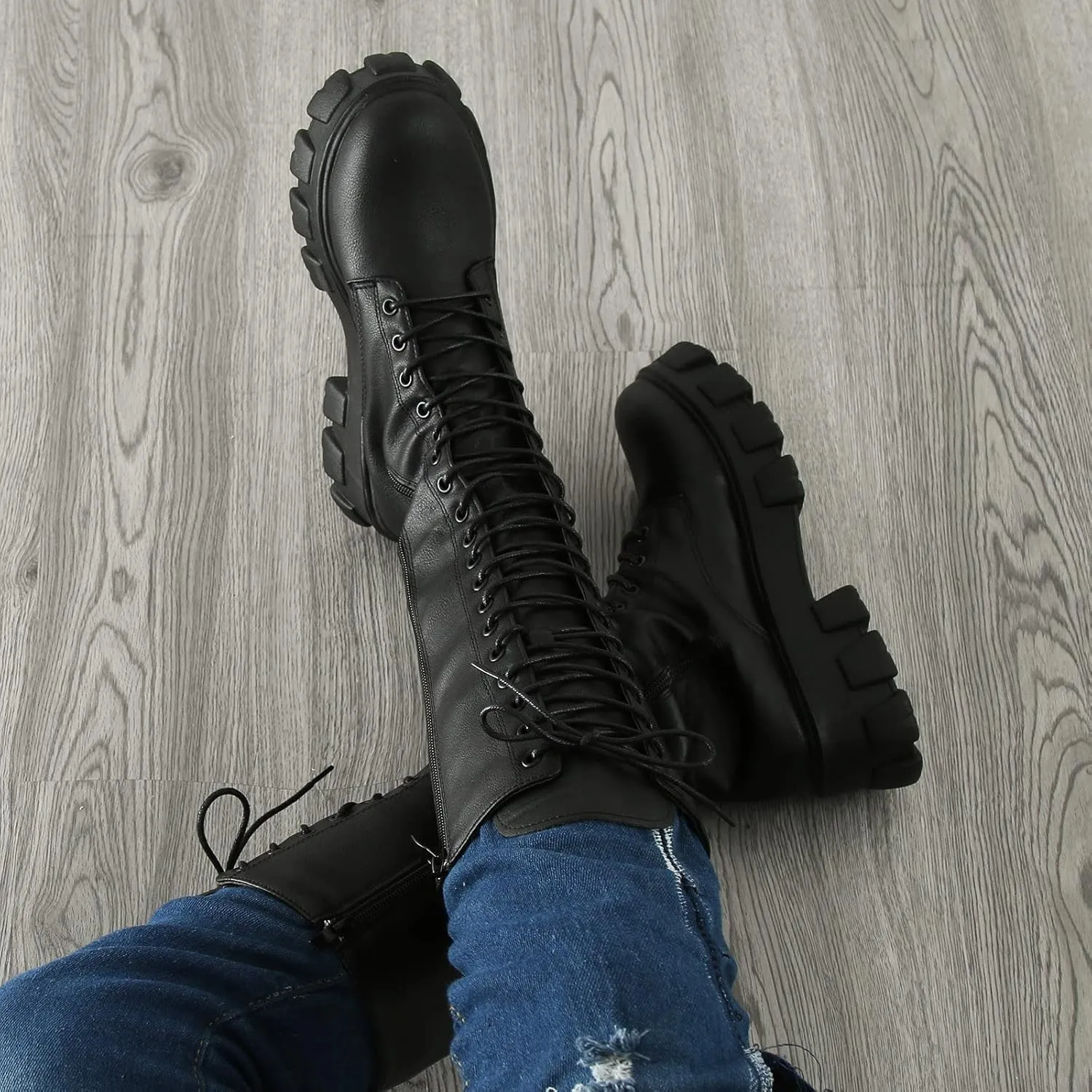 Winter Boots For Women Gothic Halloween Lug Sole Mid Calf Boots Cross Strappy Leather Platform Combat Boots