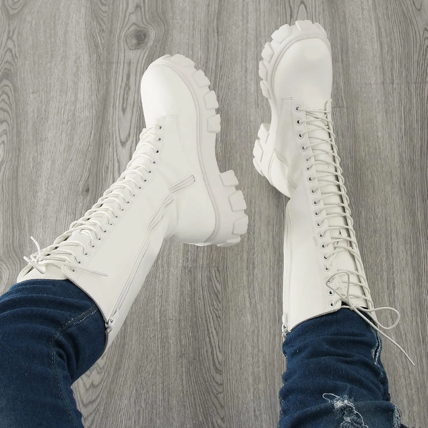 Winter Boots For Women Gothic Halloween Lug Sole Mid Calf Boots Cross Strappy Leather Platform Combat Boots