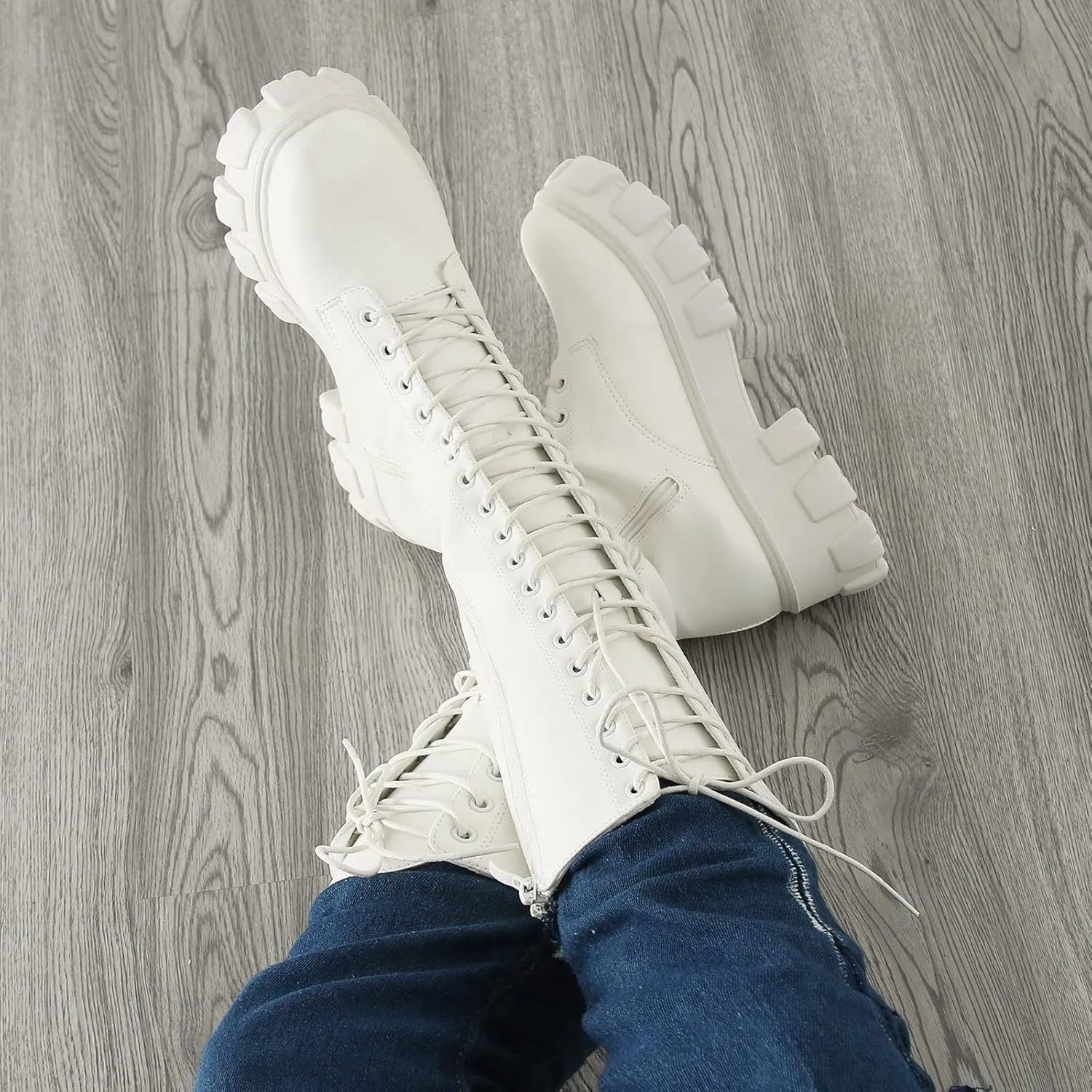 Winter Boots For Women Gothic Halloween Lug Sole Mid Calf Boots Cross Strappy Leather Platform Combat Boots