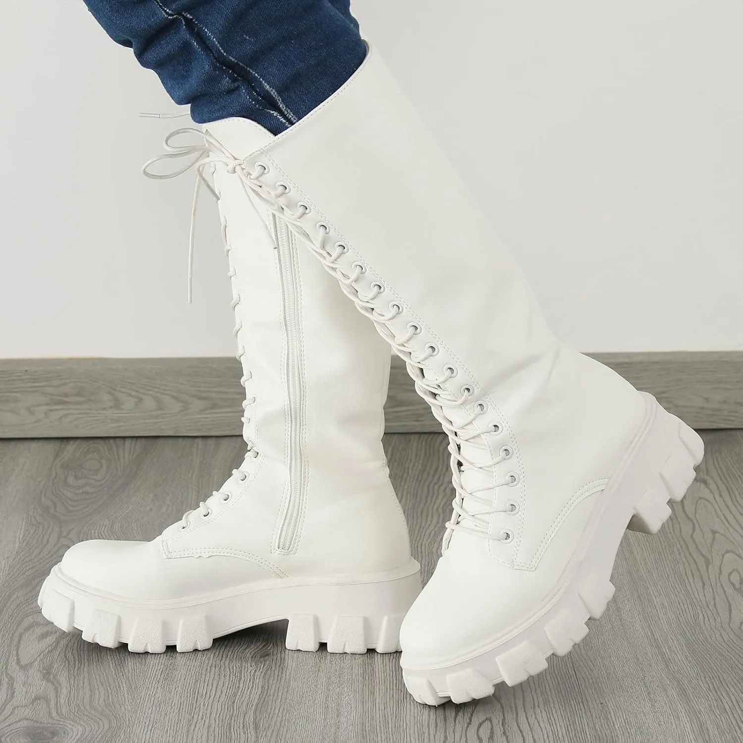 Winter Boots For Women Gothic Halloween Lug Sole Mid Calf Boots Cross Strappy Leather Platform Combat Boots