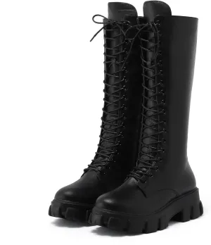 Winter Boots For Women Gothic Halloween Lug Sole Mid Calf Boots Cross Strappy Leather Platform Combat Boots