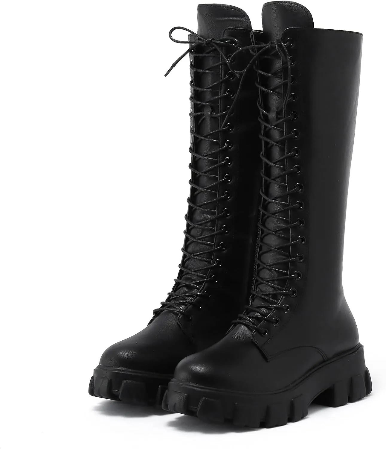 Winter Boots For Women Gothic Halloween Lug Sole Mid Calf Boots Cross Strappy Leather Platform Combat Boots