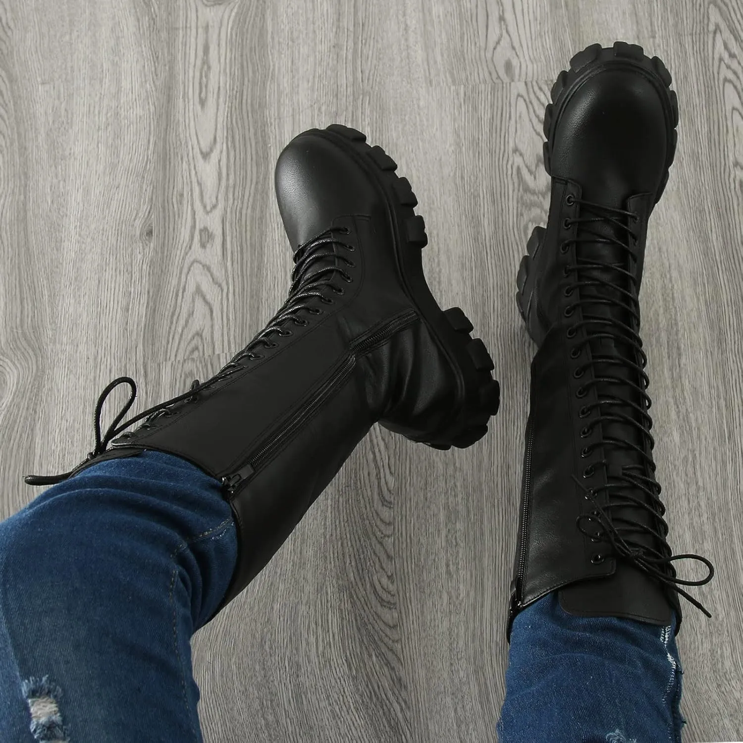 Winter Boots For Women Gothic Halloween Lug Sole Mid Calf Boots Cross Strappy Leather Platform Combat Boots