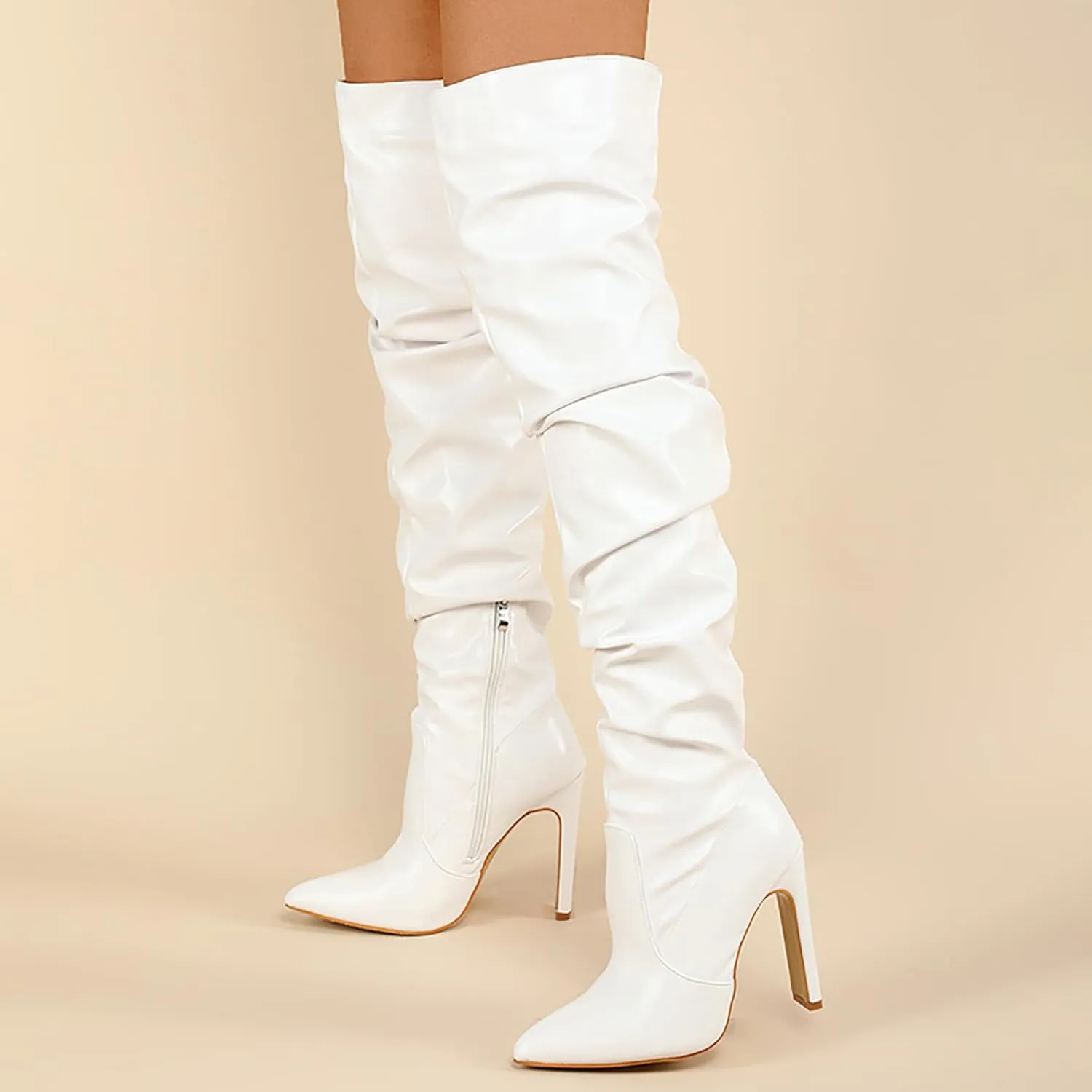 Winter Boots For Women High Heel Over Knee Boots Pleated Leather Pointed Thigh High Boots Zipper Long Boots