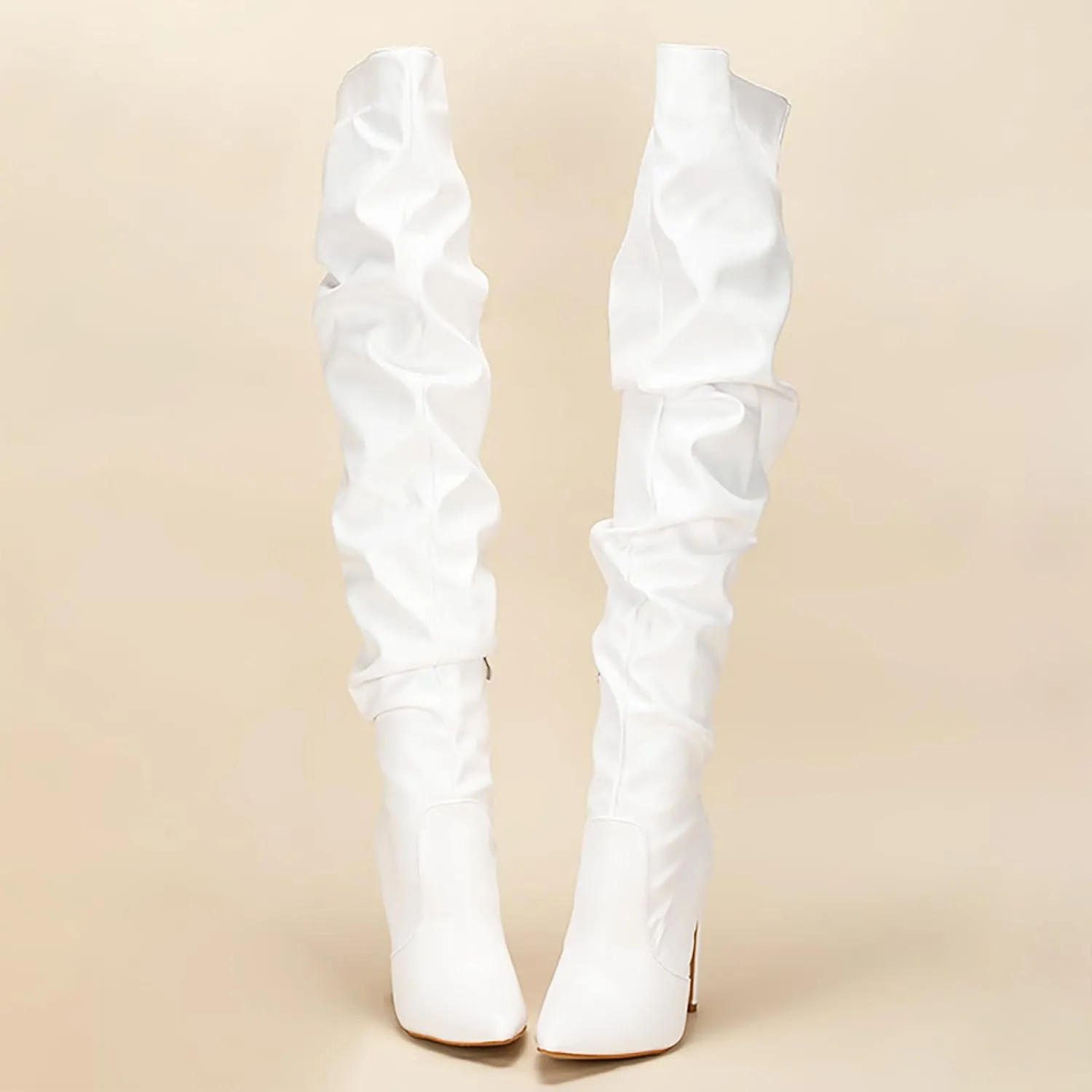Winter Boots For Women High Heel Over Knee Boots Pleated Leather Pointed Thigh High Boots Zipper Long Boots