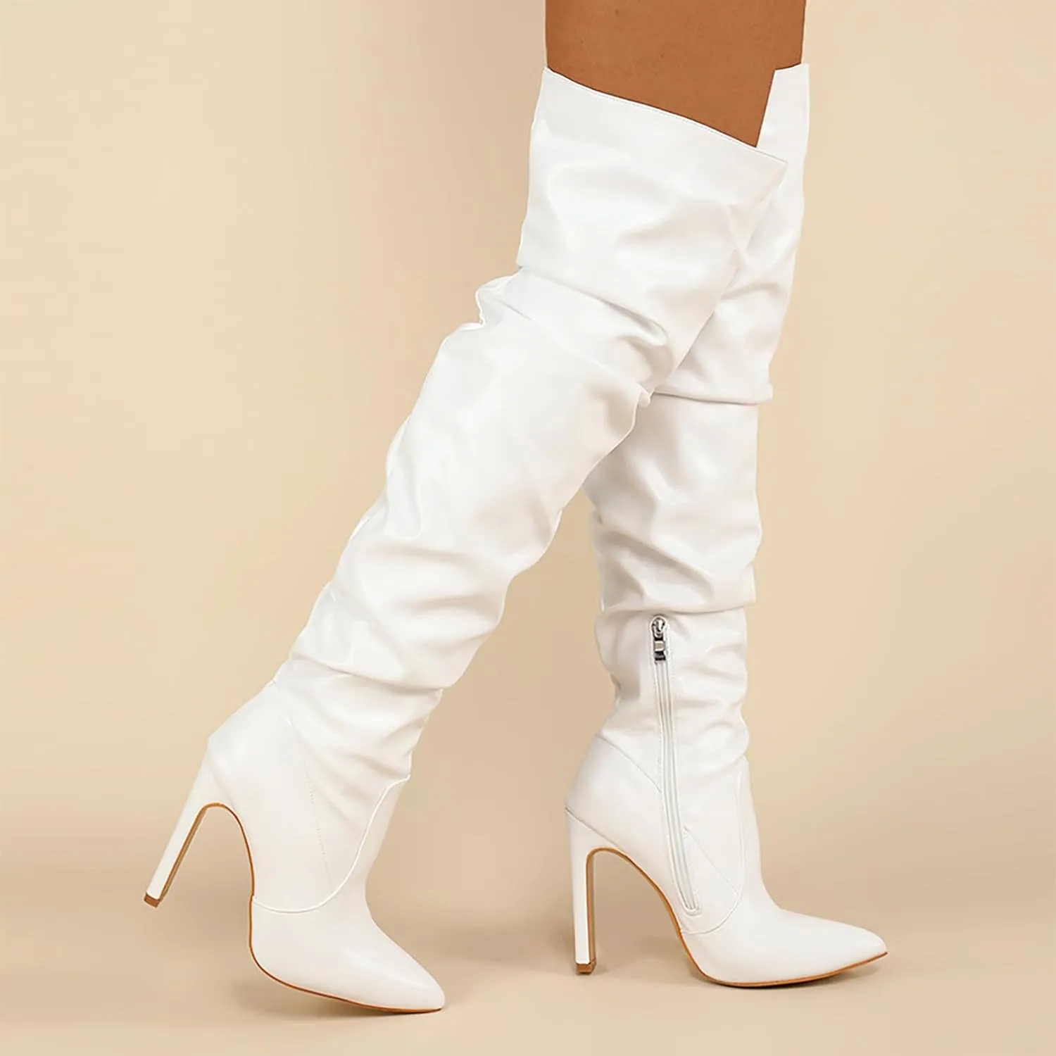 Winter Boots For Women High Heel Over Knee Boots Pleated Leather Pointed Thigh High Boots Zipper Long Boots