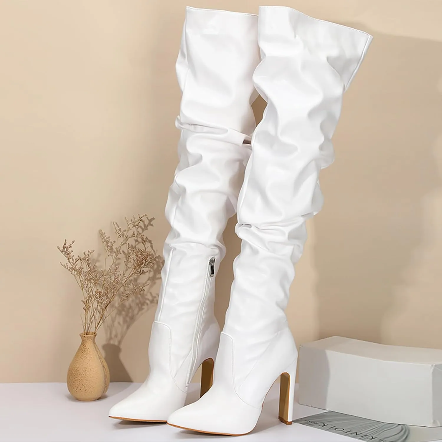 Winter Boots For Women High Heel Over Knee Boots Pleated Leather Pointed Thigh High Boots Zipper Long Boots