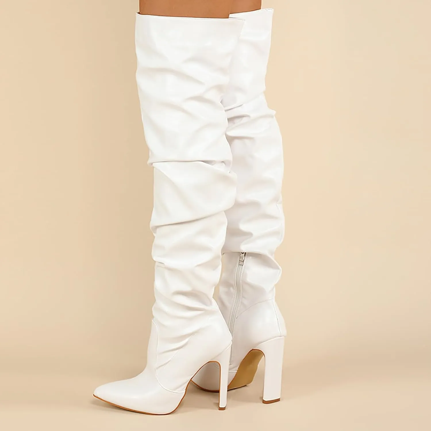 Winter Boots For Women High Heel Over Knee Boots Pleated Leather Pointed Thigh High Boots Zipper Long Boots