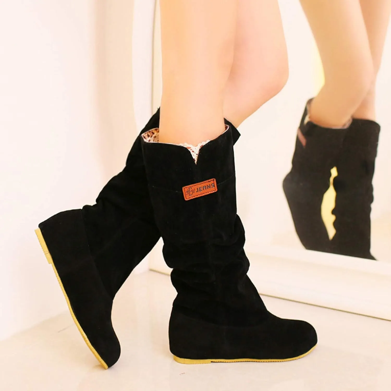 Winter Boots For Women Pull On Flat Thigh High Boots Suede Mid-Calf Knee High Boots Fall Work Tall Long Bootie