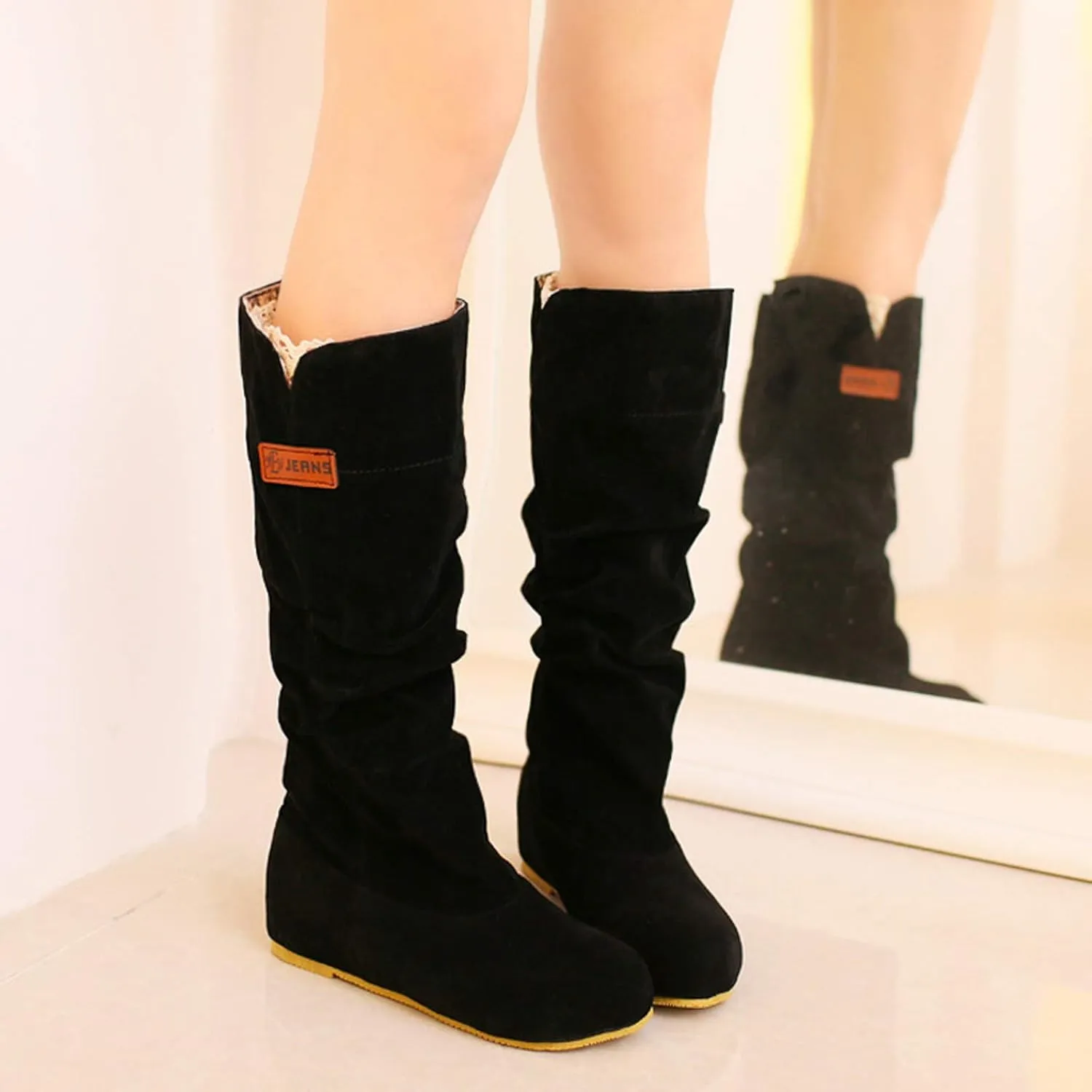 Winter Boots For Women Pull On Flat Thigh High Boots Suede Mid-Calf Knee High Boots Fall Work Tall Long Bootie