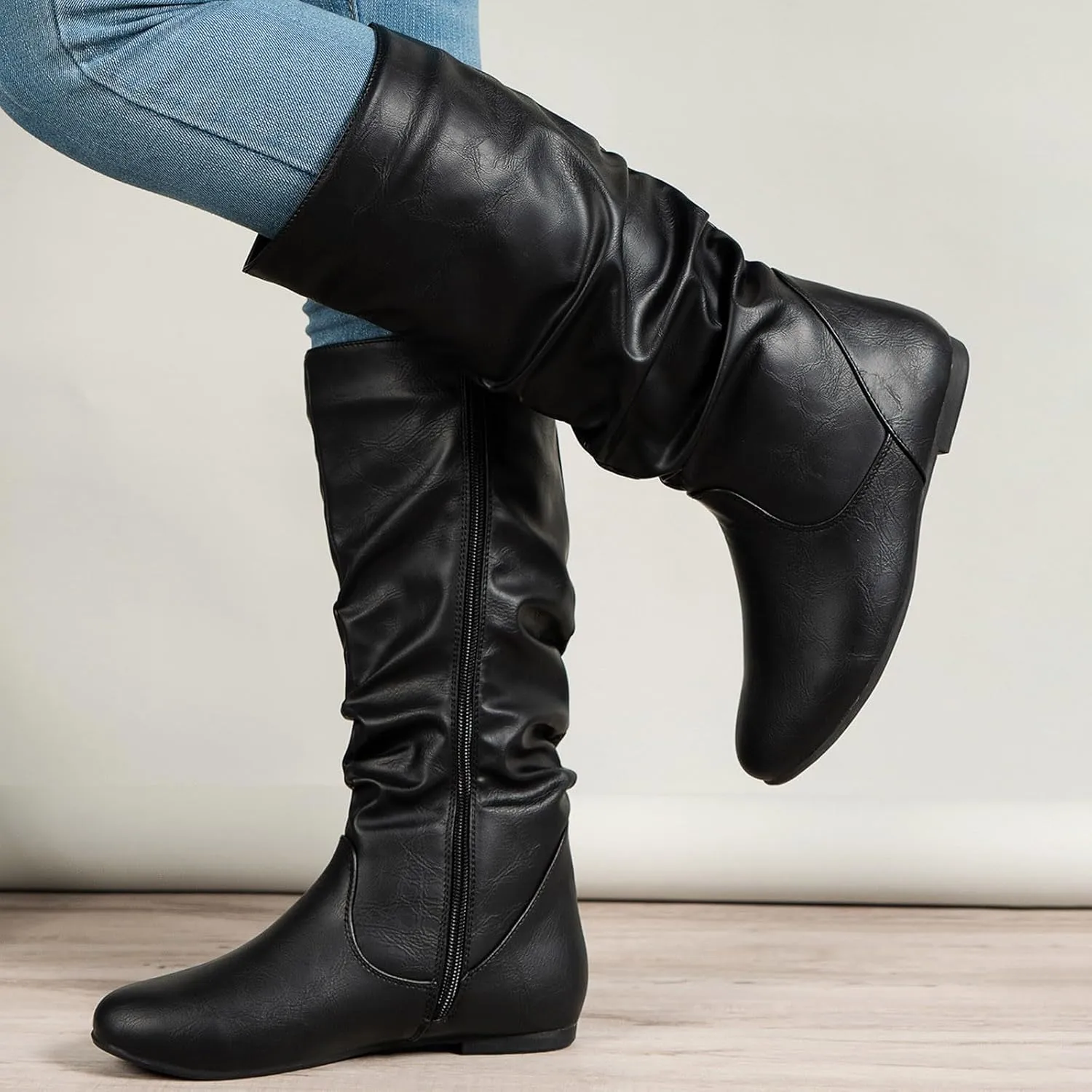 Winter Boots For Women Retro Side Zipper Flat Thigh High Boots Pleated Knee High Boots Fall Tall Long Bootie