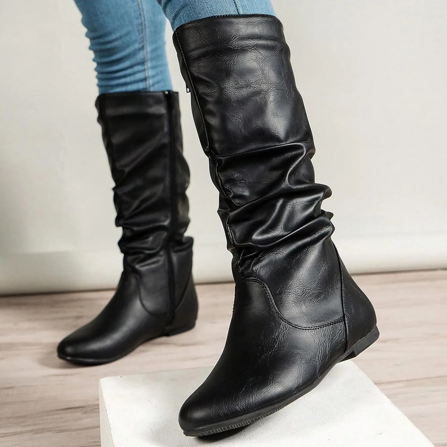 Winter Boots For Women Retro Side Zipper Flat Thigh High Boots Pleated Knee High Boots Fall Tall Long Bootie