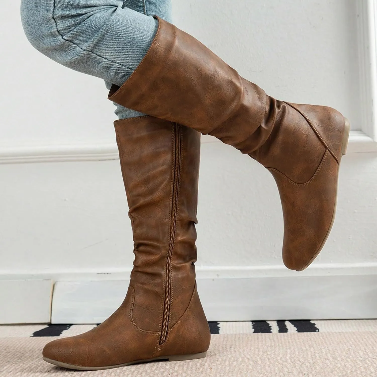 Winter Boots For Women Retro Side Zipper Flat Thigh High Boots Pleated Knee High Boots Fall Tall Long Bootie