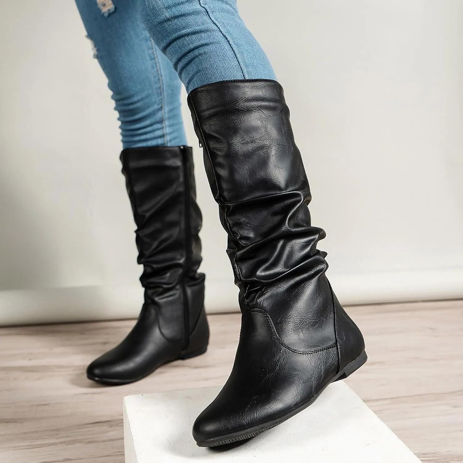Winter Boots For Women Retro Side Zipper Flat Thigh High Boots Pleated Knee High Boots Fall Tall Long Bootie