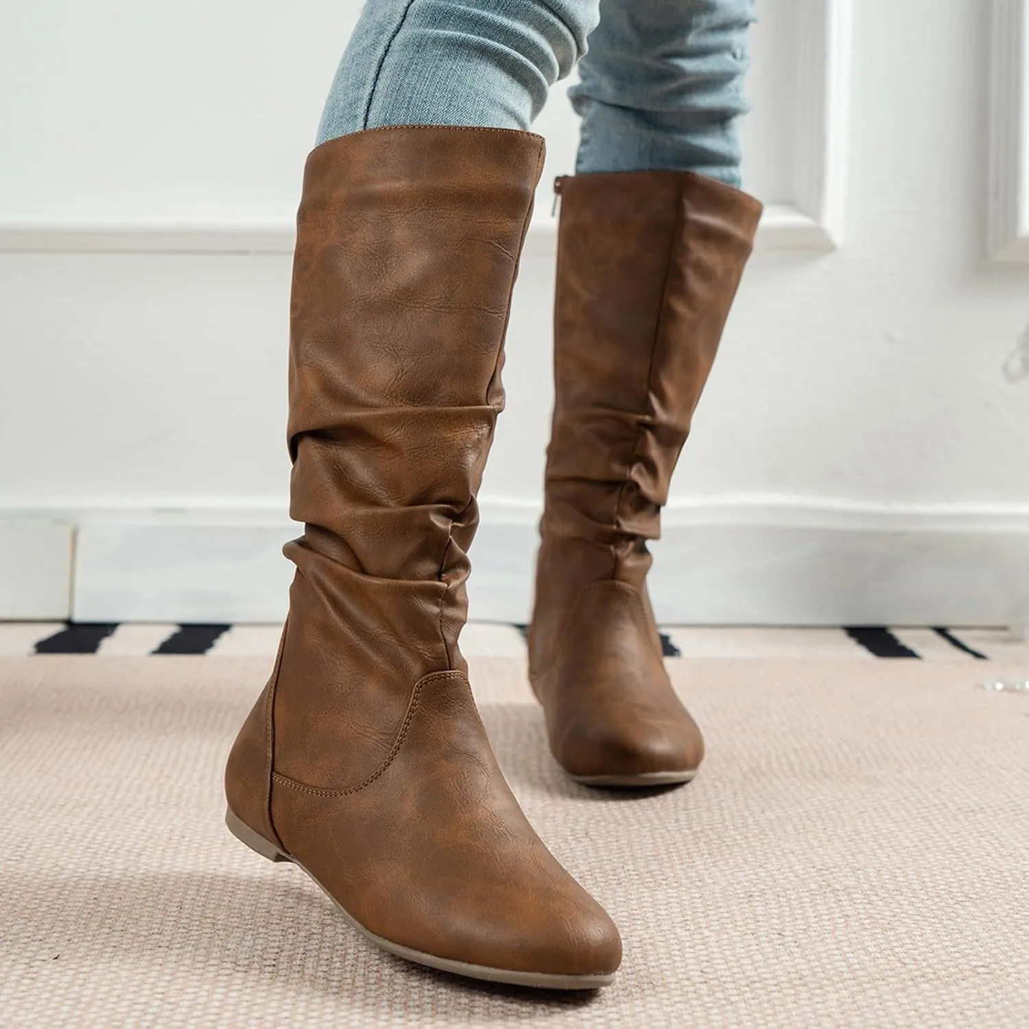 Winter Boots For Women Retro Side Zipper Flat Thigh High Boots Pleated Knee High Boots Fall Tall Long Bootie
