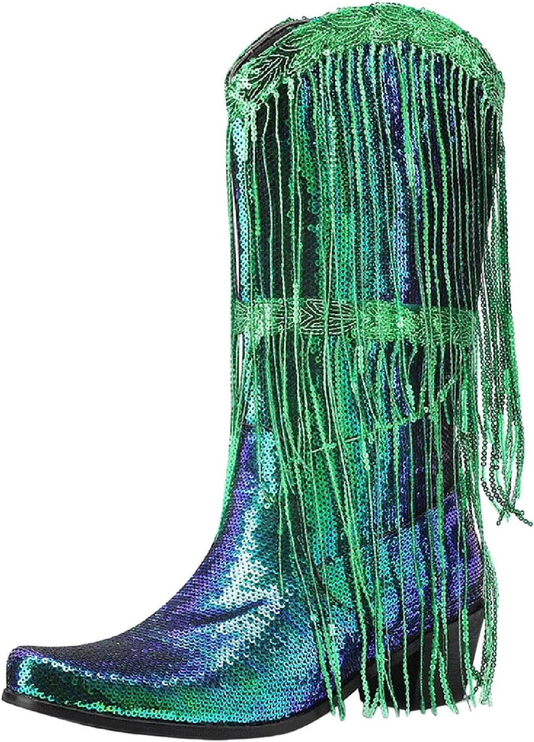 Women Mid Calf Boots Fashionable New Pattern Sequin Decoration Tassel Boots Pointed Thick Boots for Women Wide Calf Heel
