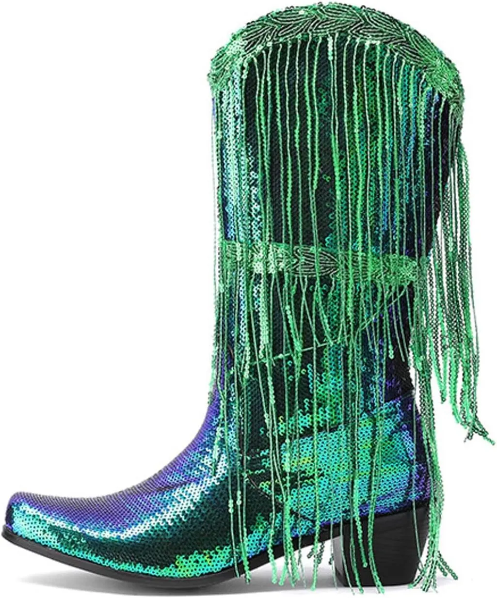 Women Mid Calf Boots Fashionable New Pattern Sequin Decoration Tassel Boots Pointed Thick Boots for Women Wide Calf Heel