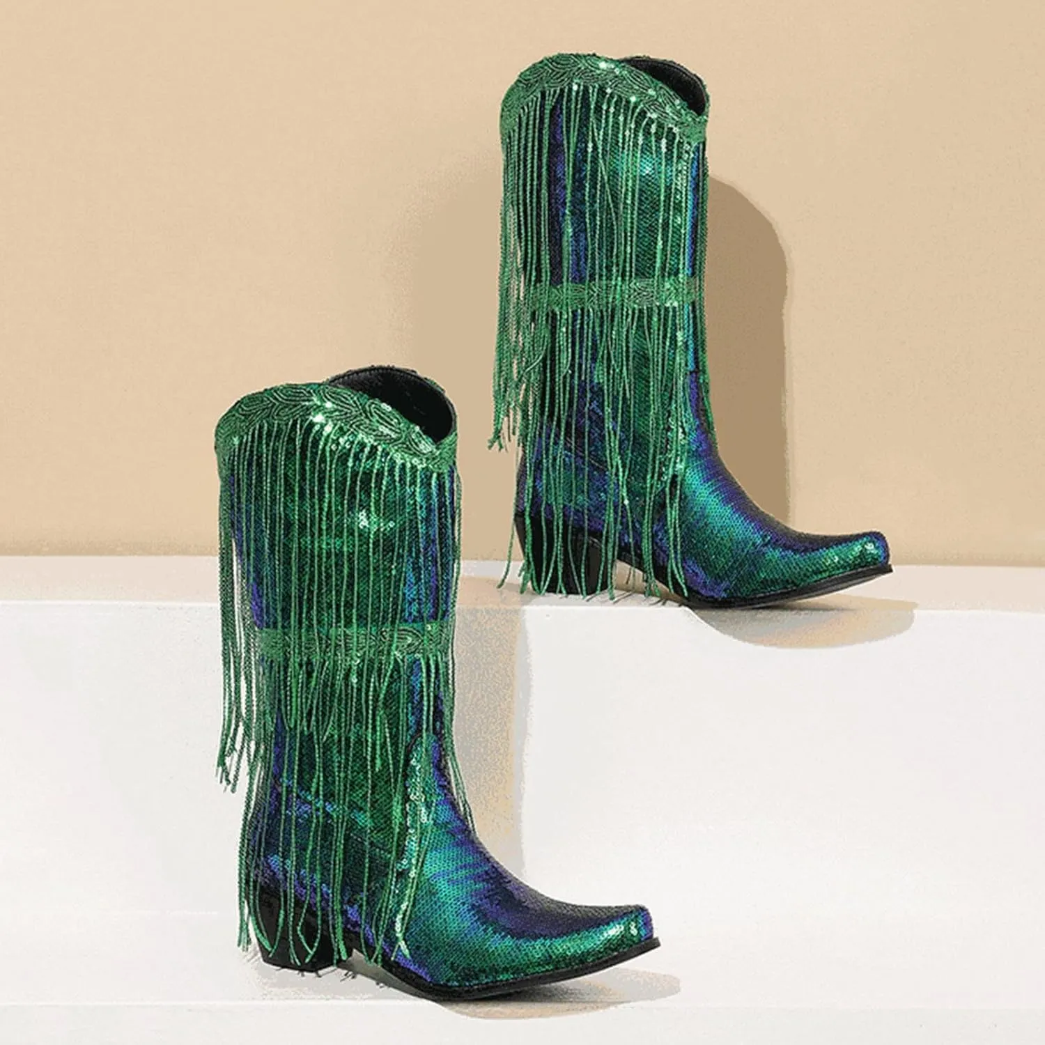 Women Mid Calf Boots Fashionable New Pattern Sequin Decoration Tassel Boots Pointed Thick Boots for Women Wide Calf Heel